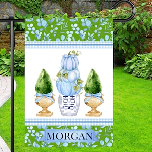 Personalized Chinoiserie Blue Pumpkin Topiary Garden Flag: Halloween Thanksgiving House Flag Outdoor Decor