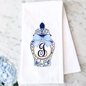 Personalized Monogram Initial Chinoiserie Ginger Jar Tea Towel: Blue Bow Kitchen Decor Dishcloth
