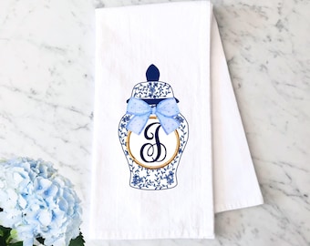 Personalized Monogram Initial Chinoiserie Ginger Jar Tea Towel: Blue Bow Kitchen Decor Dishcloth