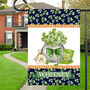 Preppy St Patrick&#39;s Day Shamrock Pot Garden Flag | Personalized Green Shamrock Yard Banner | Custom Outdoor Decor | Irish Holiday House Flag