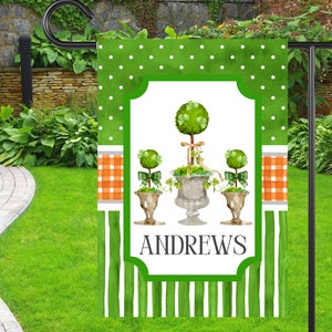 Preppy St Patrick&#39;s Day Garden Flag | Personalized Shamrock Topiary Yard Banner | Custom Outdoor Holiday Decor | Irish Yard Art House Flag
