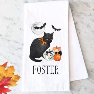 Personalized Halloween Black Cat Tea Towel: Fall Pumpkin Kitchen Decor Dishcloth