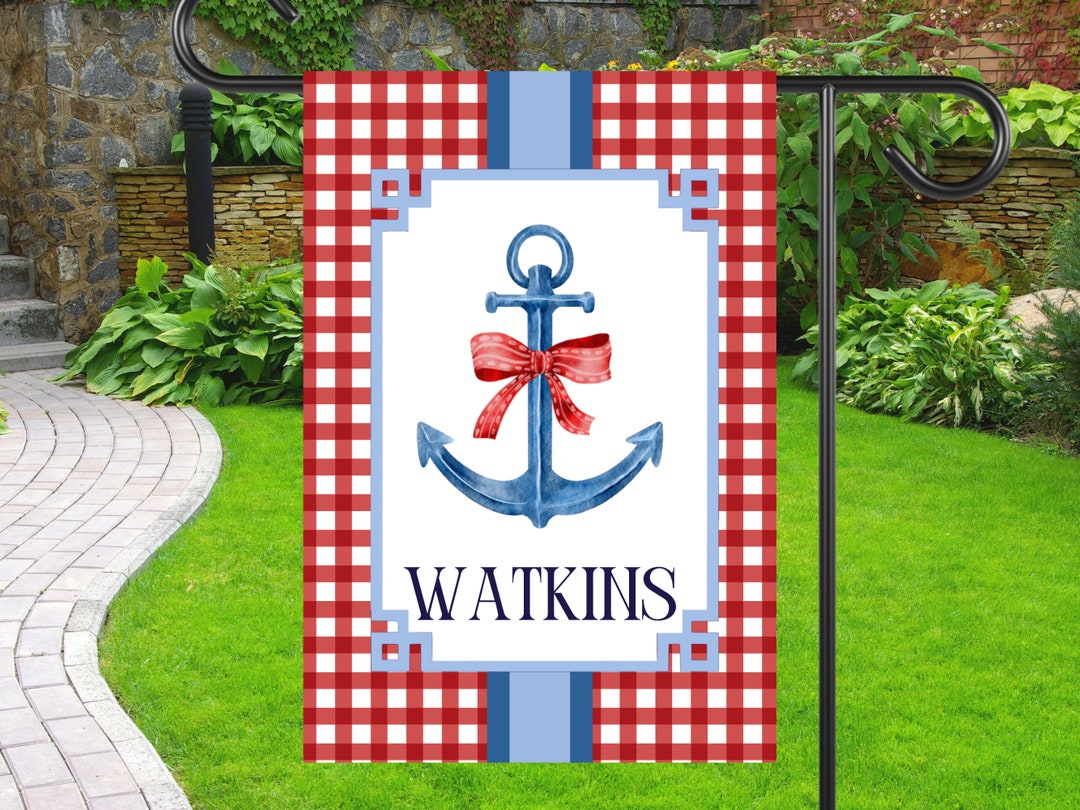 Preppy Nautical Anchor Garden Flag Personalized Coastal Yard Banner