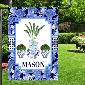 Personalized Chinoiserie Palm Topiary Ginger Jar Garden Flag: Blue Paisley House Flag Outdoor Decor