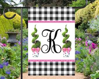 Preppy Monogram Pink Bow Topiary Garden Flag | Personalized Black Gingham Yard Banner | Custom Outdoor Decor | Initial House Flag Yard Art