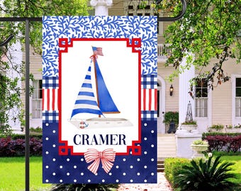 Personalized Patriotic Sailboat Garden Flag | Nautical Sailing Coastal House Flag Outdoor Decor
