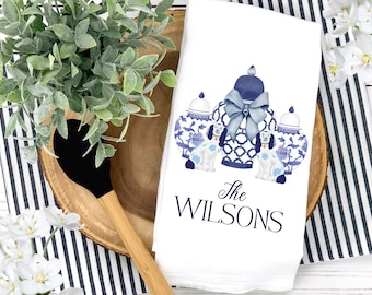 Preppy Chinoiserie Ginger Jar Tea Towel | Personalized Staffordshire Spaniels Kitchen Towel | Custom Home Decor | Blue Dishcloth Dish Towel