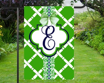 Personalized Monogram Initial Green Bamboo Garden Flag: Chinoiserie House Flag Outdoor Decor
