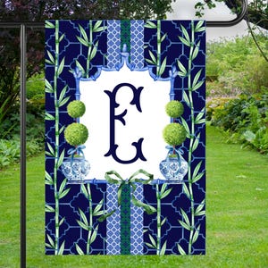Personalized Monogram Initial Chinoiserie Bamboo Garden Flag: Ginger Jar Topiary House Flag Outdoor Decor