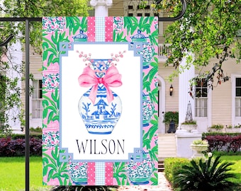 Personalized Chinoiserie Ginger Jar Garden Flag: Pink Blue House Flag Outdoor Decor