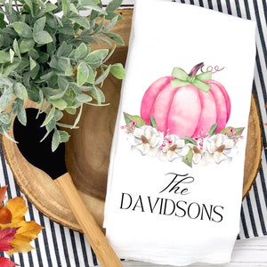 Preppy Pink Pumpkin Tea Towel | Personalized Magnolia Floral Kitchen Towel | Custom Halloween Thanksgiving Dishcloth | Fall Dish Towel