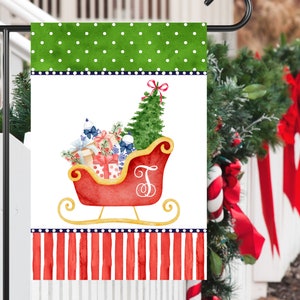 Preppy Monogram Chinoiserie Christmas Santa&#39;s Sleigh Garden Flag | Personalized Ginger Jar Yard Banner | Custom Holiday Outdoor Home Decor