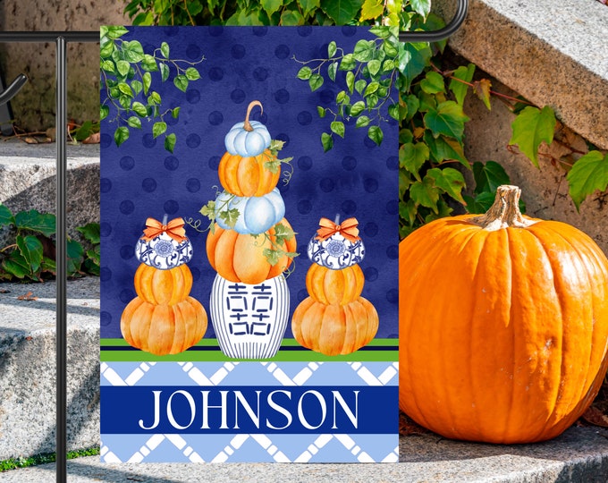Welcome Fall Garden Flag, Polka Dot Pumpkin Garden Flag, Blue Pumpkin ...