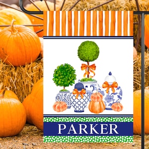 Personalized Fall Chinoiserie Topiary Garden Flag: Halloween Thanksgiving House Flag Outdoor Decor