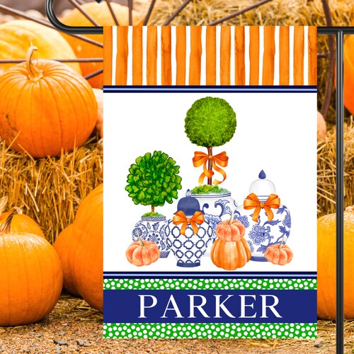Personalized Fall Chinoiserie Topiary Garden Flag: Halloween Thanksgiving House Flag Outdoor Decor