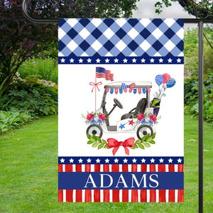 Preppy Patriotic Golf Cart Garden Flag | Personalized July 4 Yard Banner | Custom Outdoor Yard Decor | USA American House Flag | Golf Flag