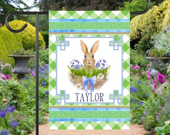 Preppy Chinoiserie Easter Bunny Garden Flag | Personalized Easter Egg Nest Yard Banner | Custom Outdoor Decor | Rabbit Holiday Yart Art