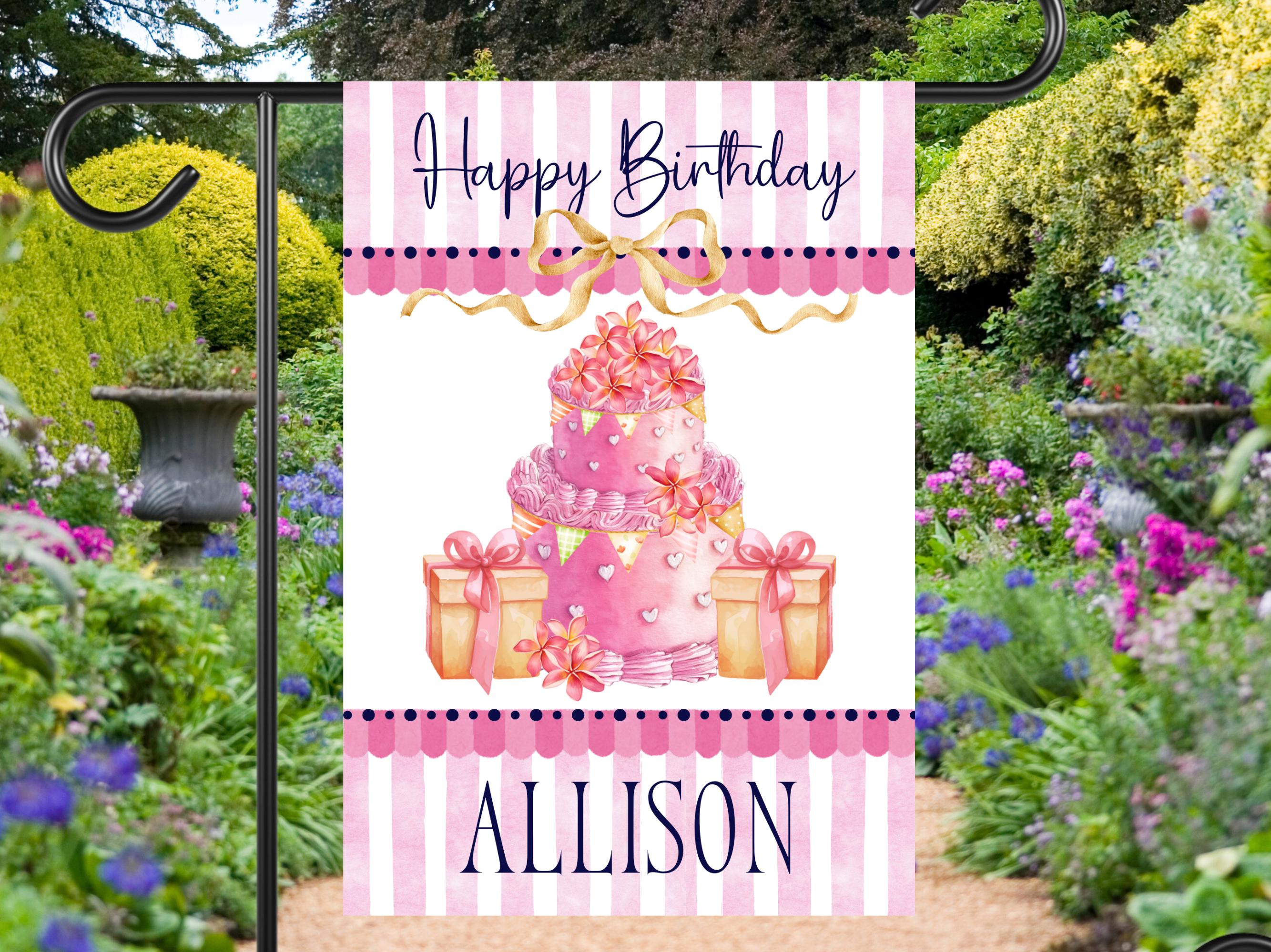 Personalized Pink Birthday Cake Garden Flag: Girly House Flag Outdoor Decor