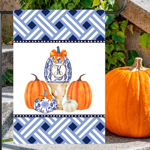 Preppy Monogram Chinoiserie Pumpkin Garden Flag | Personalized Ginger Jar Yard Banner | Custom Halloween Thanksgiving Decor | Fall Yard Art