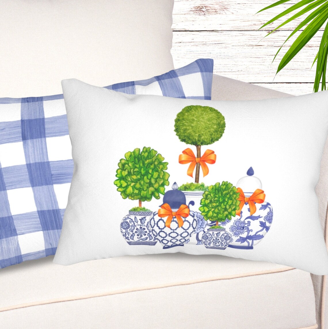 Preppy Fall Chinoiserie Topiary Lumbar Throw Pillow Etsy