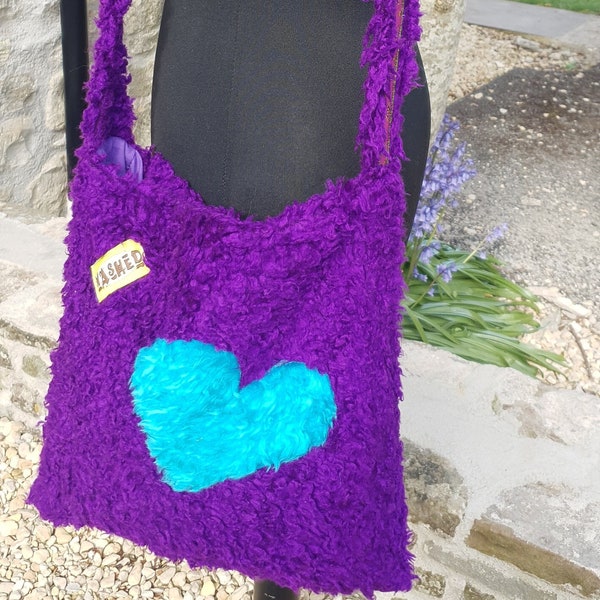 Deep Purple Faux Fur Shoulder Bag. Made in the UK! Designed with Sustainable Ethics. A One off Design within a Limited Run.