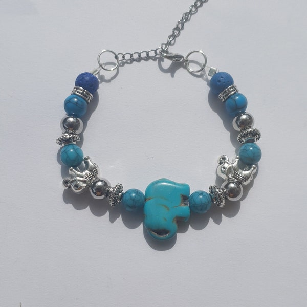 Elephant, Turquoise Stone, Blue Lava Stone and Silver Tibetan Bead Bracelet. Clip Fastening. A One off Design. Made in the UK.