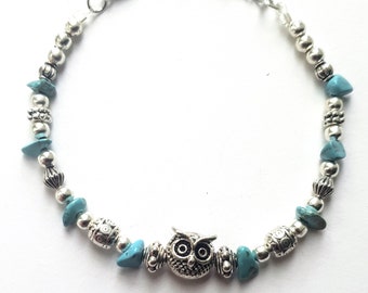 Owl Anklet with Tibetian Beads and Turquoise stone Chips