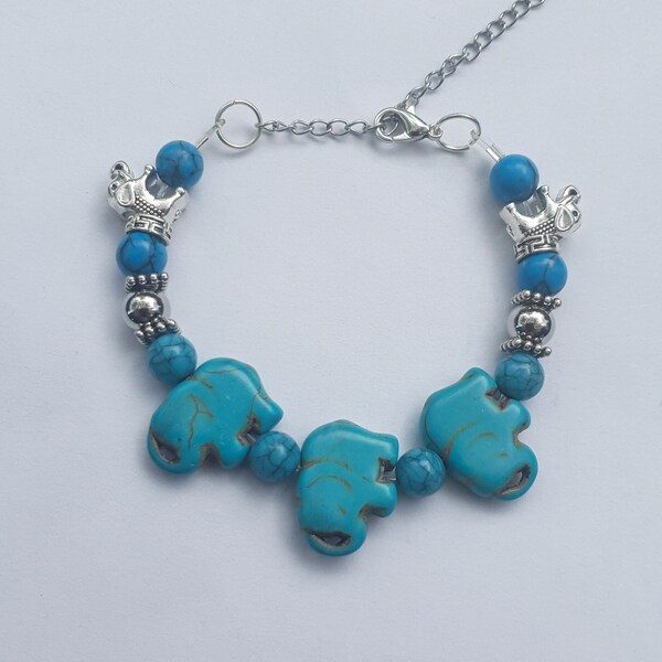 Elephant, Turquoise Stones and Silver Tibetan Bead Bracelet. Chain and Clip Fastening. A One off Design. Made in the UK.