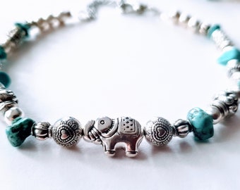 Elephant Anklet with Tibetian Beads and Turquoise stone Chips