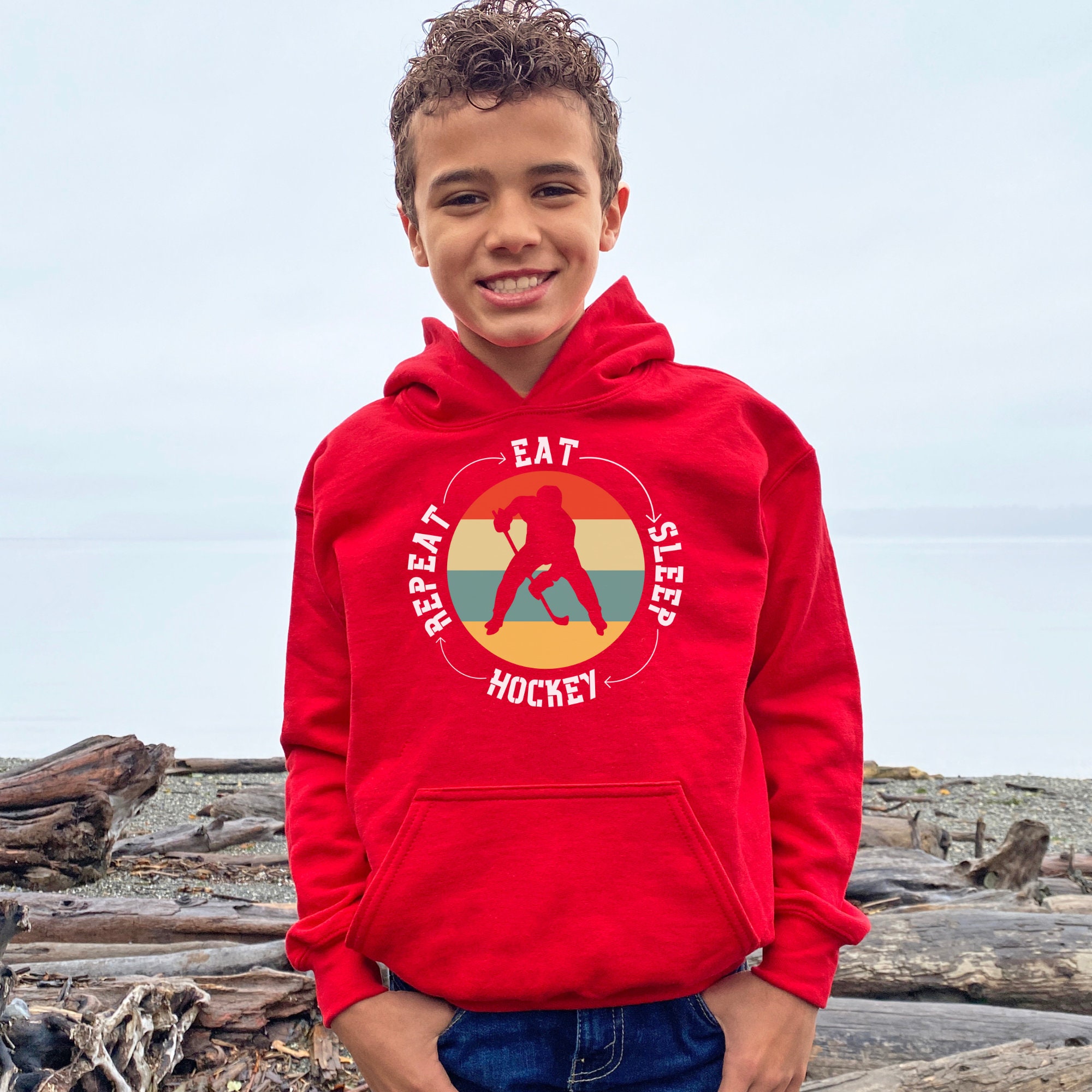 Personalized Eat, Sleep, Hockey Repeat Youth Hockey Fan Hoodie Hockey