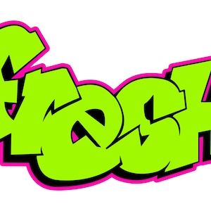 May include: A green and black graffiti-style word art design that says "Fresh" with a pink outline.