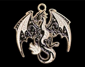 Dragon Mythical Flying Charm Necklace Keyring Carabiner | Fantasy Imagination Gift Black Dragon Bronze/Gold Metal Backing