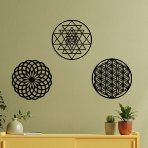 Flower of Life, Torus, Sri Yantra Wall Art Set - Sacred Geometry Decor for Meditation Room, Spiritual Housewarming Gift, Wood Wall Decor
