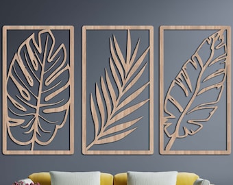 Tropical Palm Leaf Wall Art Set of 3, Handcrafted Wood Decor, Boho Chic Palm Leaf Decor, Set of 3 Wood Wall Art, Natural Wood Palm Leaf Art