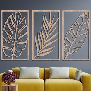 Tropical Palm Leaf Wood Wall Art: Boho Decor, Set of 3