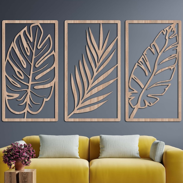 Tropical Palm Leaf Wall Art Set of 3, Handcrafted Wood Decor, Boho Chic Palm Leaf Decor, Set of 3 Wood Wall Art, Natural Wood Palm Leaf Art