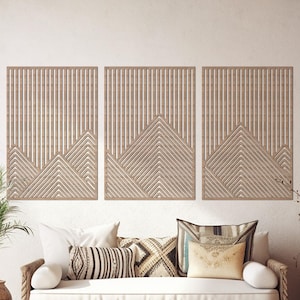 Mountain Landscape Wood Wall Art – Set of 3 Panels – Rustic Modern Wall Decor – Abstract Wooden Wall Hanging for Living Room & Bedroom
