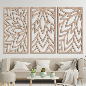 Holzblätter Wanddekor - 3-teiliges Paneel-Set von der botanischen Natur inspirierte Wandkunst - rustikales minimalistisches Holzwandbehang für Wohnzimmer