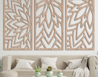 Wooden Leaves Wall Decor – Set of 3 Panels – Botanical Nature-Inspired Wall Art – Rustic Minimalist Wood Wall Hanging for Living Room