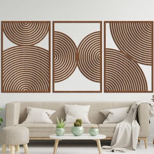 Rustic Mid Century Modern Wood Wall Art – Set of 3 Geometric Panels – Abstract Wooden Wall Decor for Boho & Modern Living Spaces