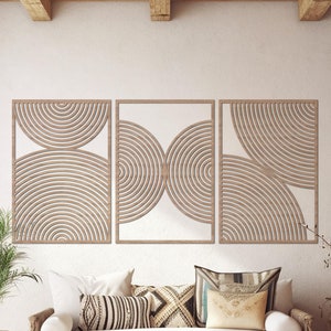 Mid Century Modern Geometric Wood Wall Art – Set of 3 Panels – Abstract Wooden Wall Decor – Minimalist Retro Wall Hanging for Living Room