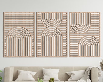 Rustic Boho Beauty Set of 3 Mid Century Wood Wall Art, Geometric Panel View İndoor Home Decoration, Modern Wood Art, Abstract Wood Wall Art