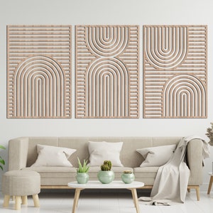 Rustic Boho Beauty Set of 3 Wood Wall Art, Mid Century Geometric Panel View İndoor Home Decoration, Modern Wood Art, Abstract Wood Decor