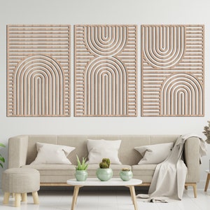 Ensemble rustique de beauté Boho de 3 art mural en bois du milieu du siècle, vue sur panneau géométrique, décoration intérieure de la maison, art moderne du bois, art mural abstrait en bois