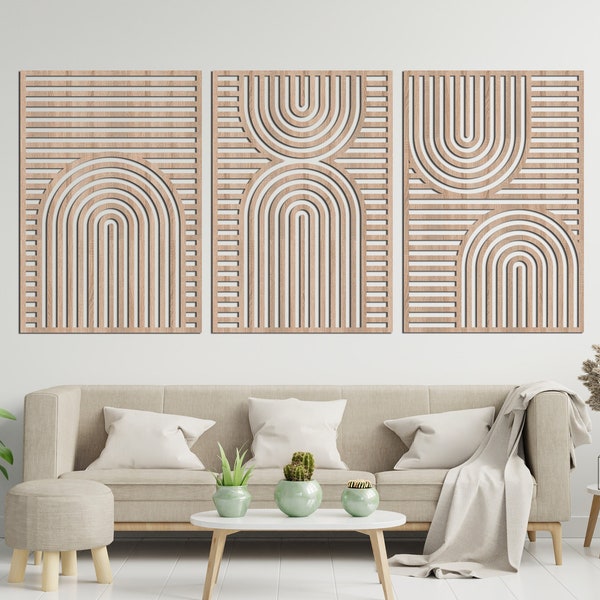 Set di 3 pezzi di arte da parete in legno rustica Boho di metà secolo, vista su pannello geometrico, decorazione domestica per interni, arte moderna in legno, arte astratta da parete in legno