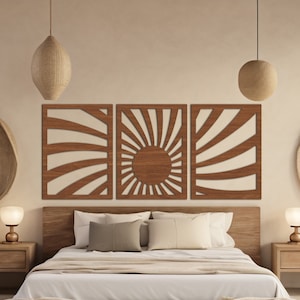 Boho Sun Minimalist Wall Art – Set of 3 Panels – Wooden Sunrise Sunset Design – Modern Abstract Line Art for Bedroom & Living Room Decor