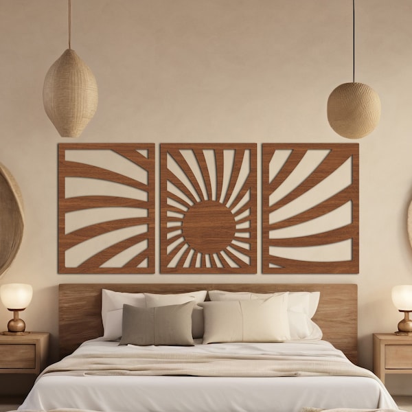 Arte de pared minimalista bohemio con sol – Juego de 3 paneles – Diseño de madera con amanecer y atardecer – Arte abstracto moderno para decorar dormitorios y salas de estar