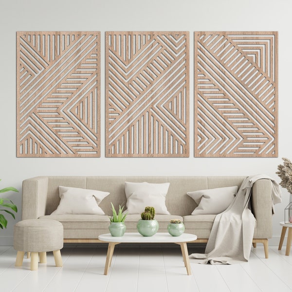 Geometrische abstrakte Linien 3er-Set, modernes Triptychon-Wohndekor, abstrakte Linien Kunstwerk, elegante Holzkunstplatten, einzigartiges künstlerisches Display