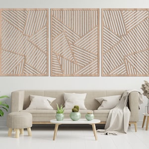 Geometrische Linien Panel 3er Set Holz Wandkunst, Geometrische Panel Ansicht İndoor Hausdekoration, Moderne Holzkunst, Abstrakte Holz Wandkunst