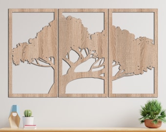 Tree Figures With Wooden Wall Art Set of 3, Handcrafted Wood Decor, Tree View Indoor Home Decoration, Wood Wall Decor